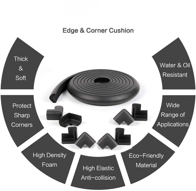 Vee Seven Premium Baby Safety Edge Guard & Corner Guards Kit - Extra Thick 3.5cm x 1.2cm - 4 Meter Roll with 8 Pre-Taped Corners - Black Color | Food-Graded | Shock Absorbing - Babyproof Your Home Safely!"